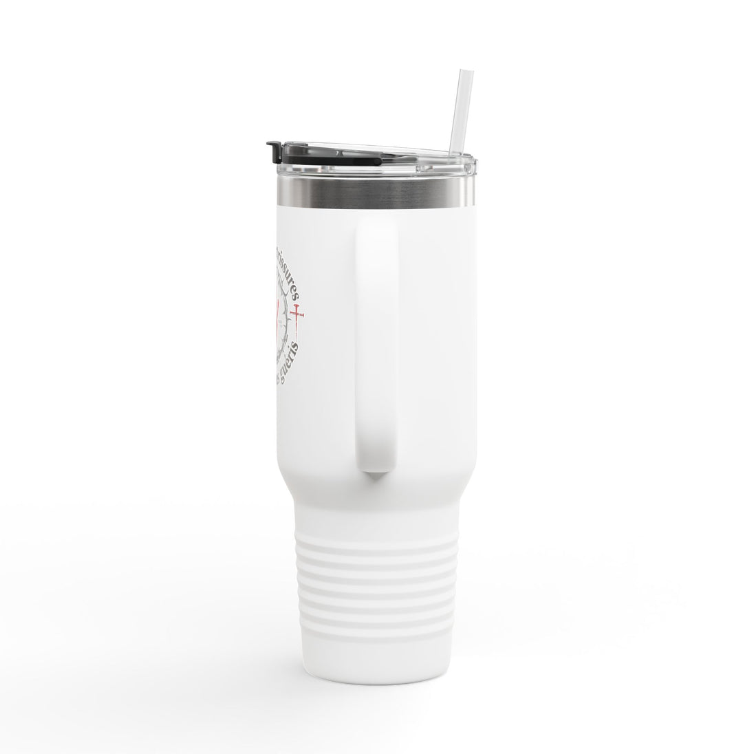 Mug de voyage blanc isotherme de 40oz avec poignée, couvercle, paille et inscription religieuse.