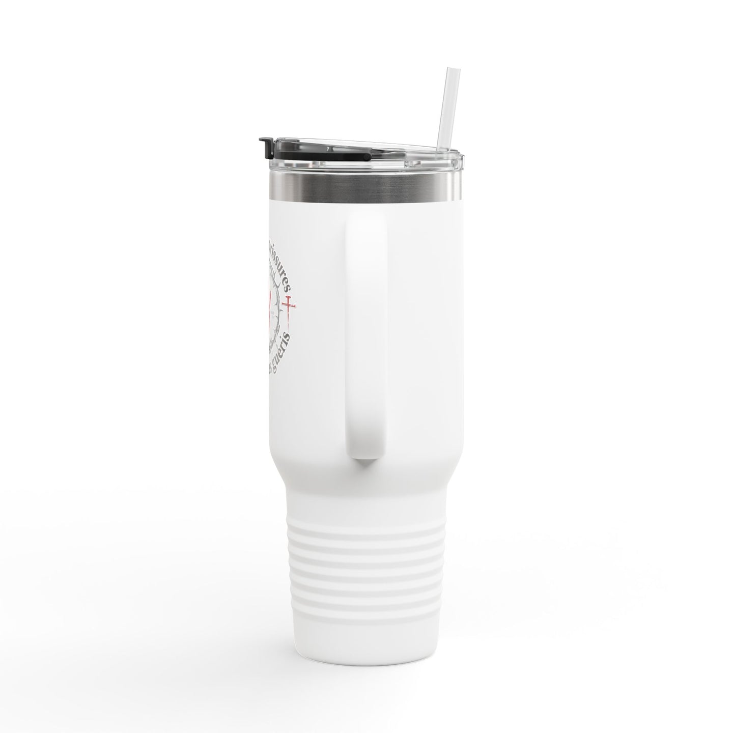 Mug de voyage blanc isotherme de 40oz avec poignée, couvercle, paille et inscription religieuse.