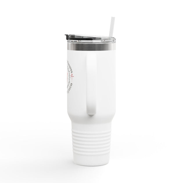Mug de voyage blanc isotherme de 40oz avec poignée, couvercle, paille et inscription religieuse.