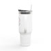 Mug de voyage blanc isotherme de 40oz avec poignée, couvercle, paille et inscription religieuse.