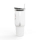 Mug de voyage blanc isotherme de 40oz avec poignée, couvercle, paille et inscription religieuse.