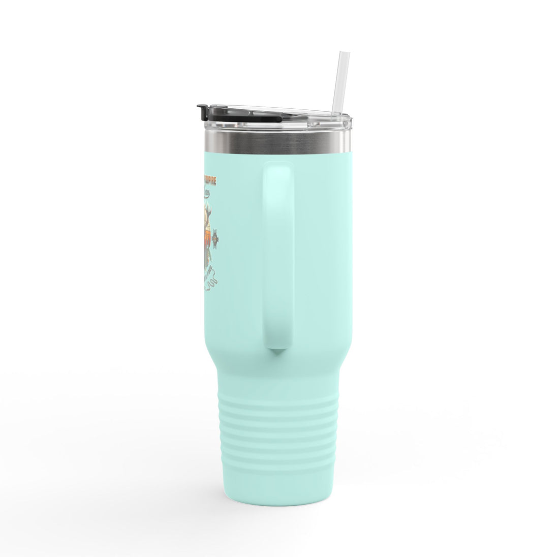 Mug de voyage bleu clair de 40 oz avec poignée, couvercle et paille.