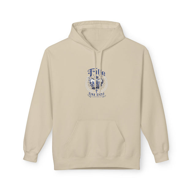 Sweat à capuche beige pour femme avec une couronne bleue et l'inscription Fille du Roi.