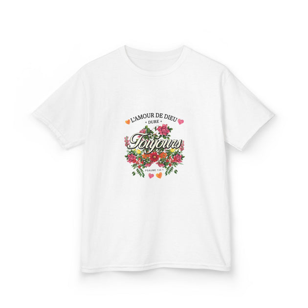 T-shirt blanc pour enfant orné d'un motif floral et du texte L'amour de Dieu dure toujours.