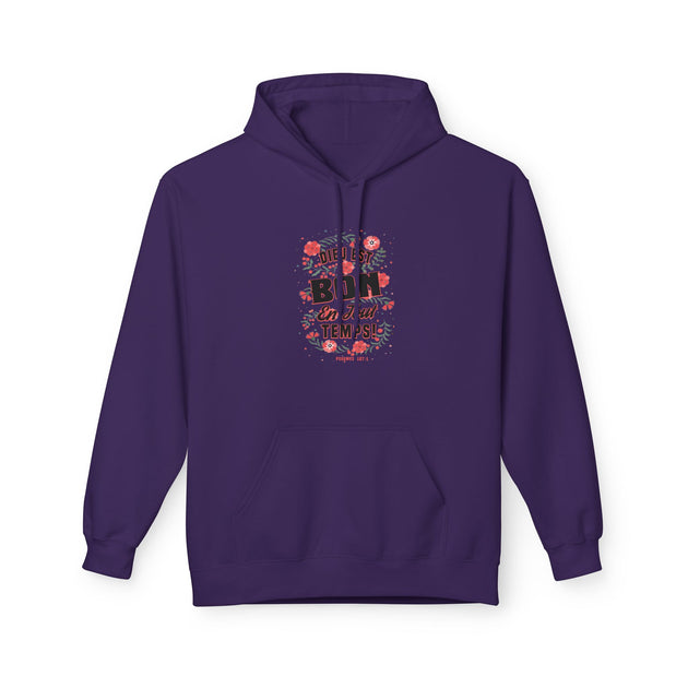 Sweat à capuche violet pour femme avec un motif floral et le texte Dieu est bon en tout temps.