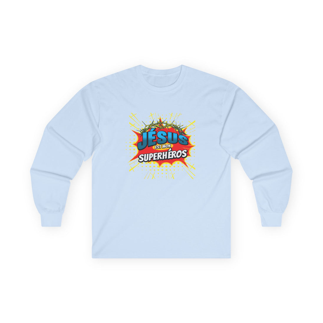 T-shirt bleu clair à manches longues avec un motif style bande dessinée Jésus est mon superhéros.