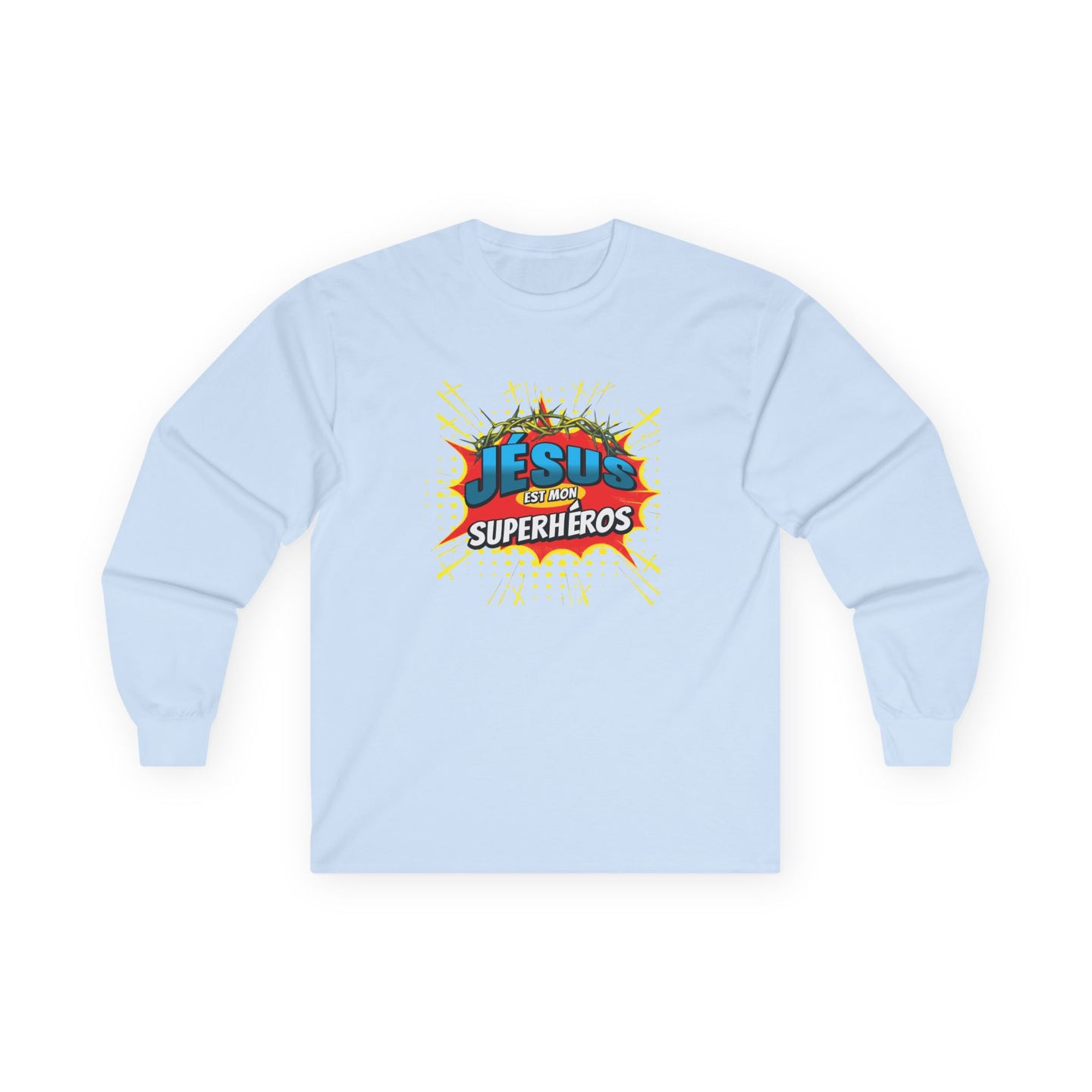 T-shirt bleu clair à manches longues avec un motif style bande dessinée Jésus est mon superhéros.