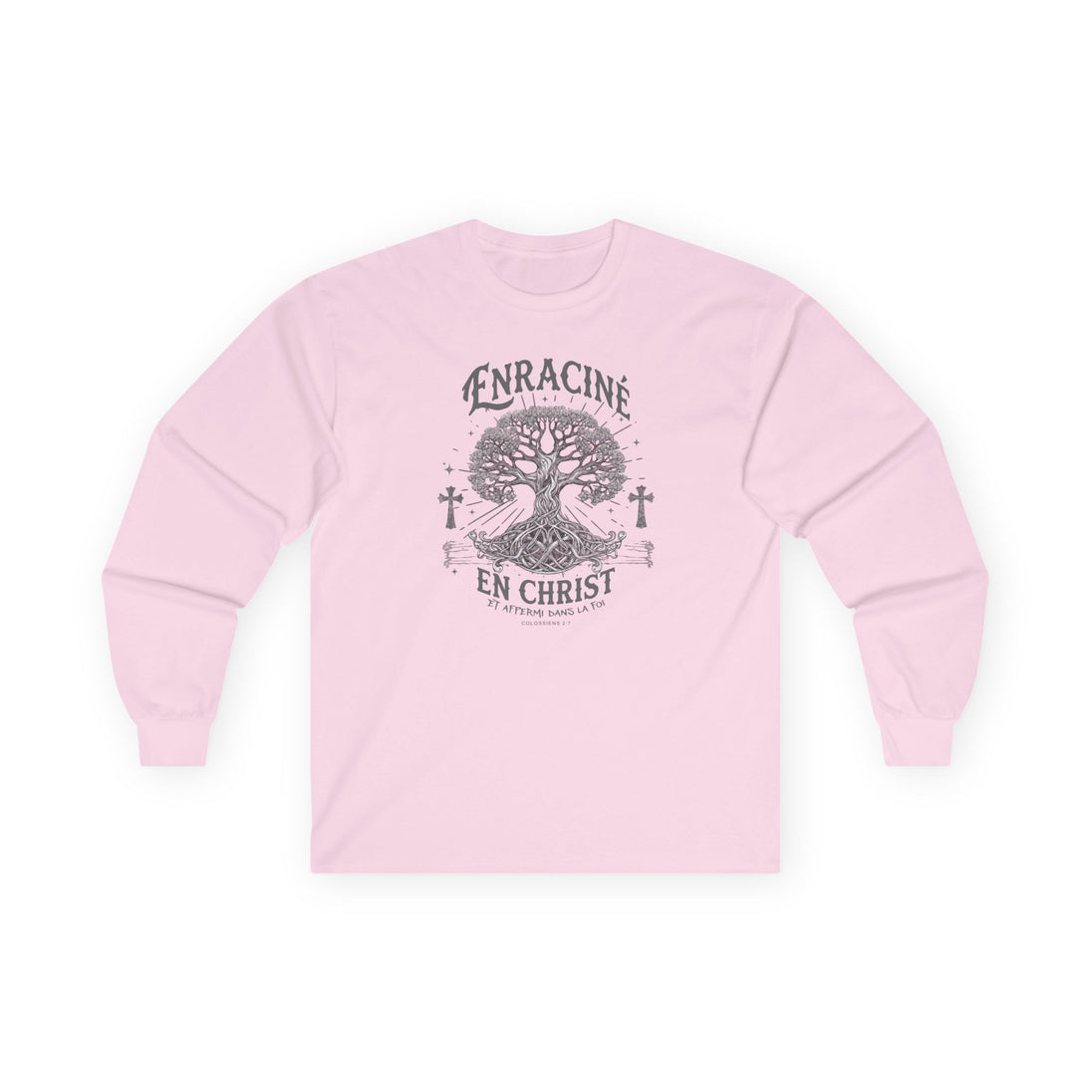 T-shirt rose à manches longues pour femme avec un motif d'arbre et le texte Enraciné en Christ.