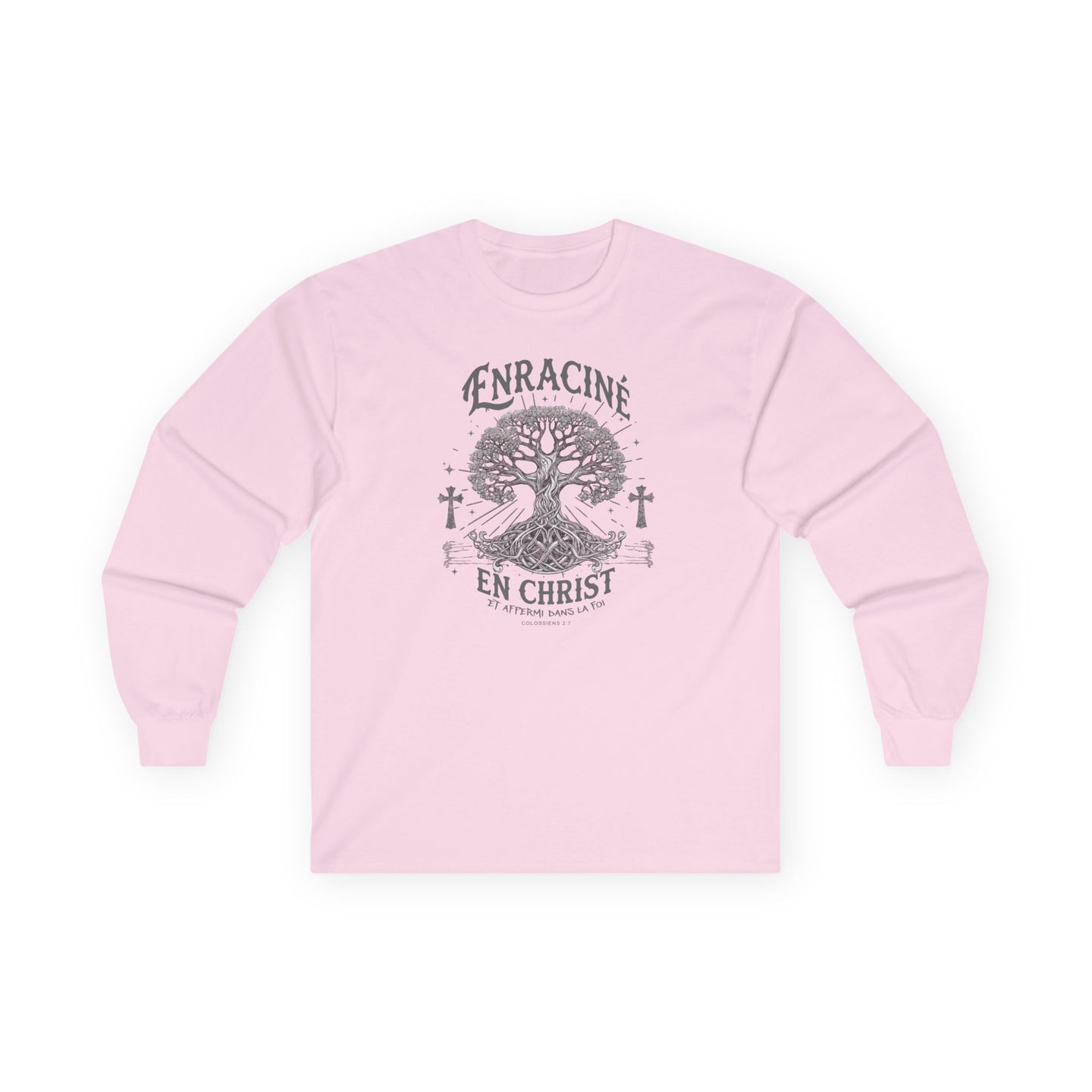T-shirt rose à manches longues pour femme avec un motif d'arbre et le texte Enraciné en Christ.