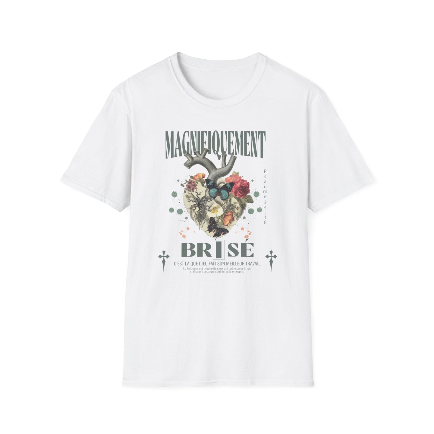 T-shirt blanc pour homme avec un motif de cœur floral et le texte Magnifiquement Brisé.
