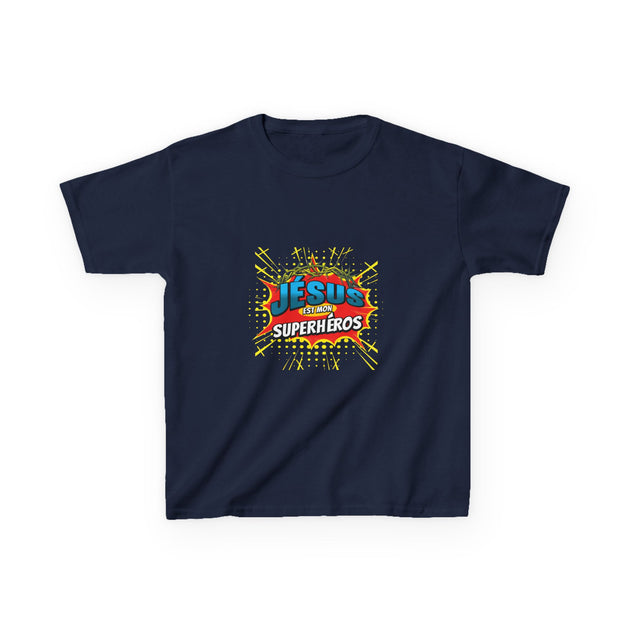 T-shirt bleu marine pour enfant avec un motif coloré style bande dessinée Jésus est mon superhéros.