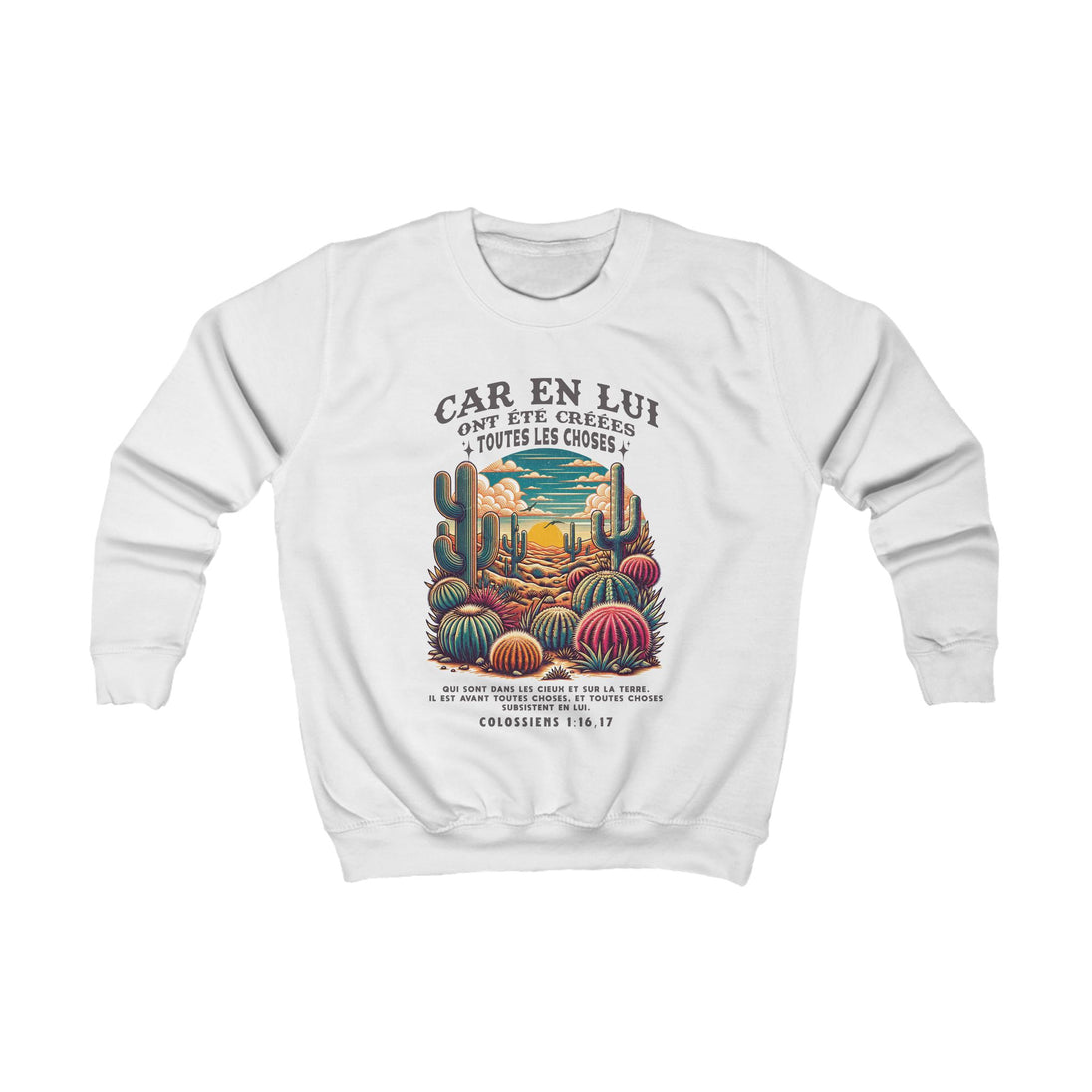 Sweatshirt blanc pour enfant avec une illustration de désert et un verset biblique en français.