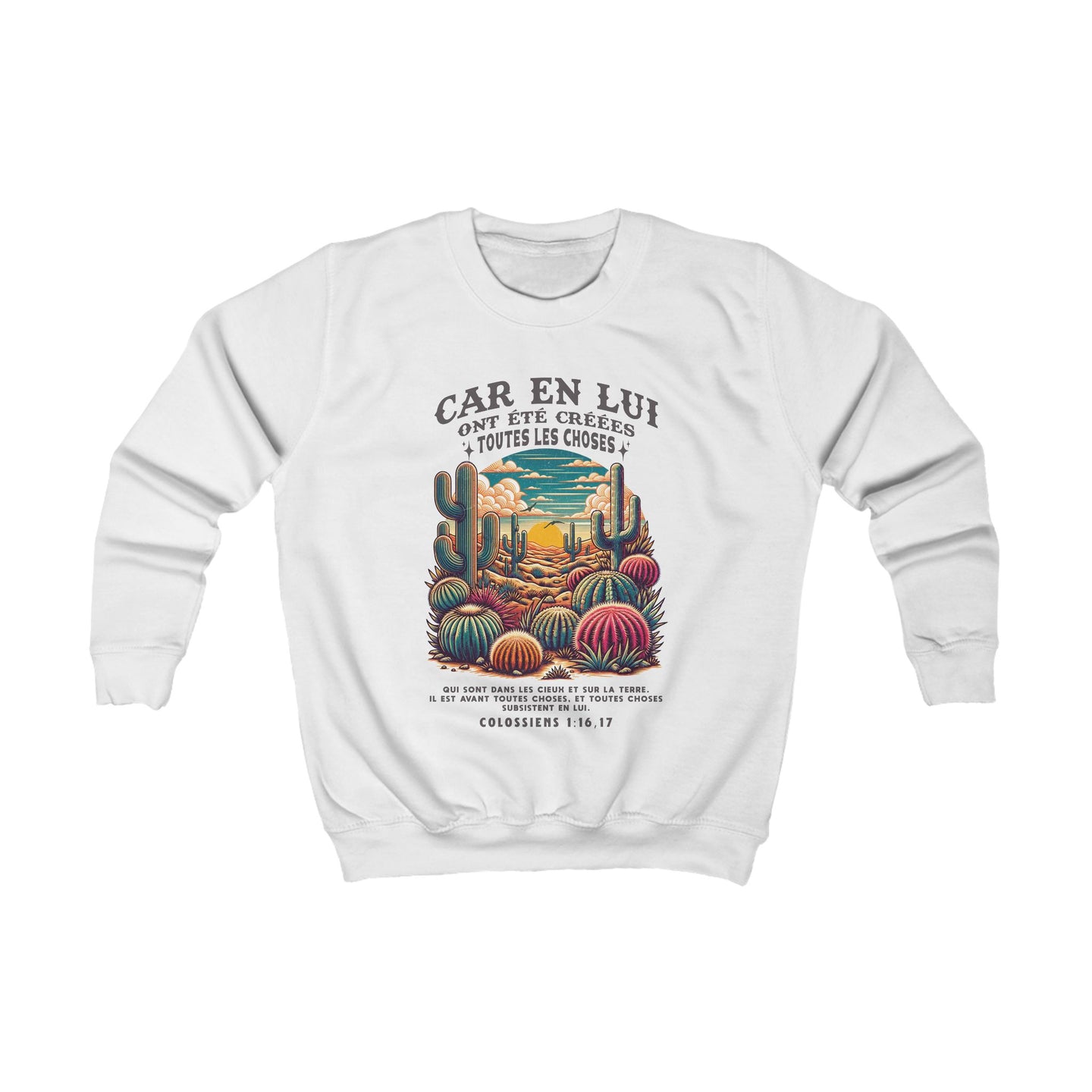 Sweatshirt blanc pour enfant avec une illustration de désert et un verset biblique en français.
