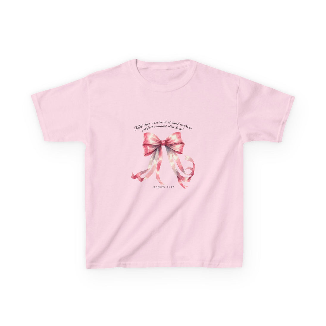T-shirt rose pour enfant orné d'un ruban aquarelle et de l'inscription Jacques 1:17.