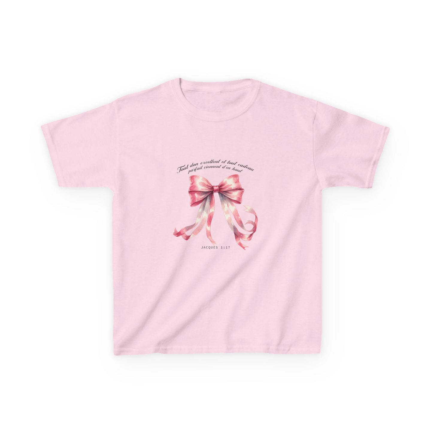 T-shirt rose pour enfant orné d'un ruban aquarelle et de l'inscription Jacques 1:17.