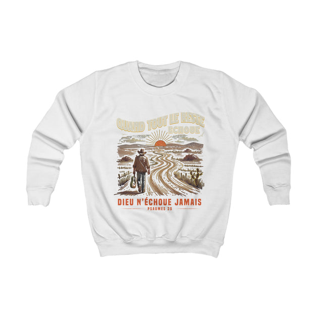 Sweat-shirt blanc pour enfant avec une illustration de cowboy et un message religieux en français.