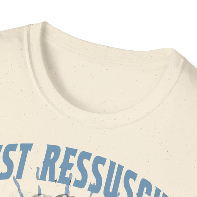 T-shirt homme en coton chiné beige avec col rond et inscription bleue.