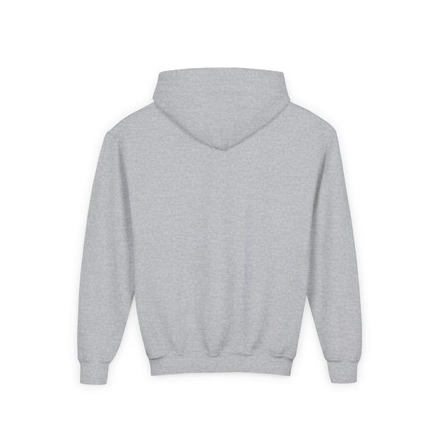 Vue arrière d'un sweat à capuche gris chiné pour enfant avec une coupe classique.