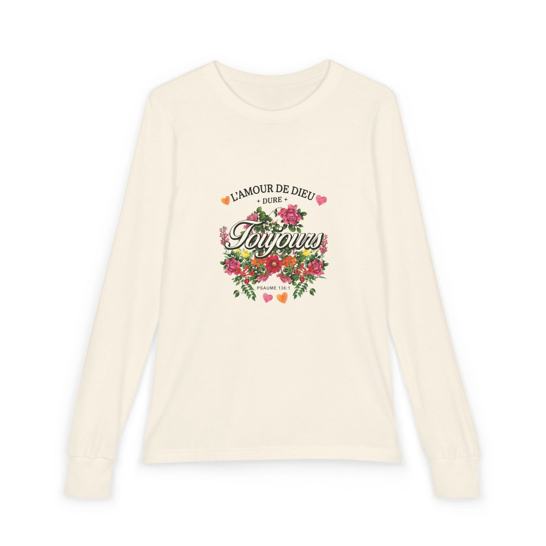 T-shirt à manches longues beige pour enfant avec un motif floral et le texte L'amour de Dieu dure toujours.