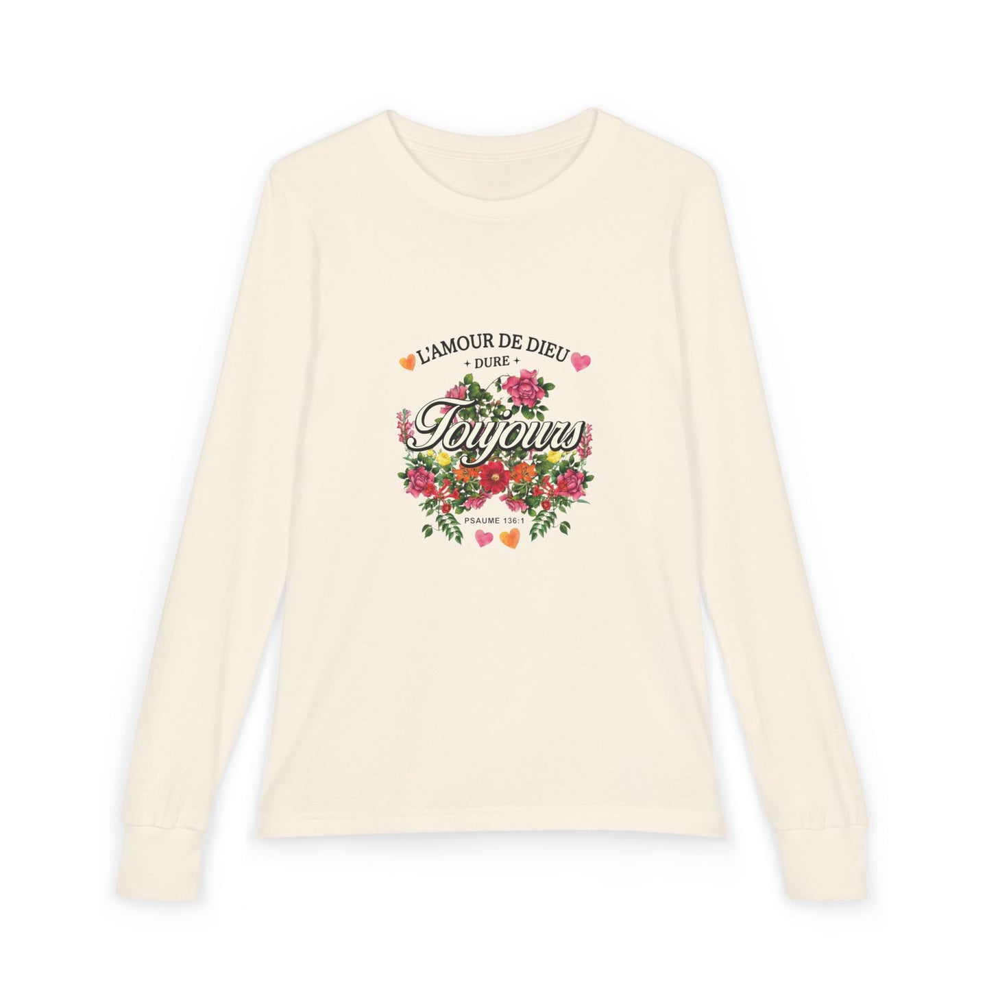 T-shirt à manches longues beige pour enfant avec un motif floral et le texte L'amour de Dieu dure toujours.