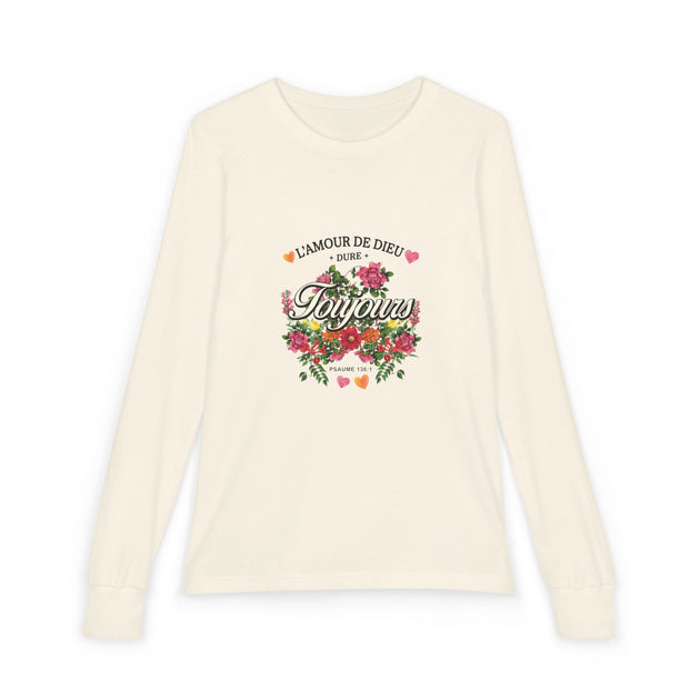 T-shirt à manches longues beige pour enfant avec un motif floral et le texte L'amour de Dieu dure toujours.