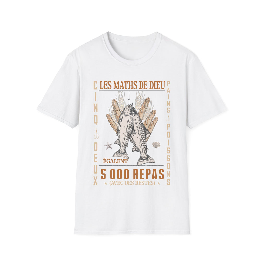 T-shirt blanc pour homme avec une illustration chrétienne sur le thème de la multiplication des pains.