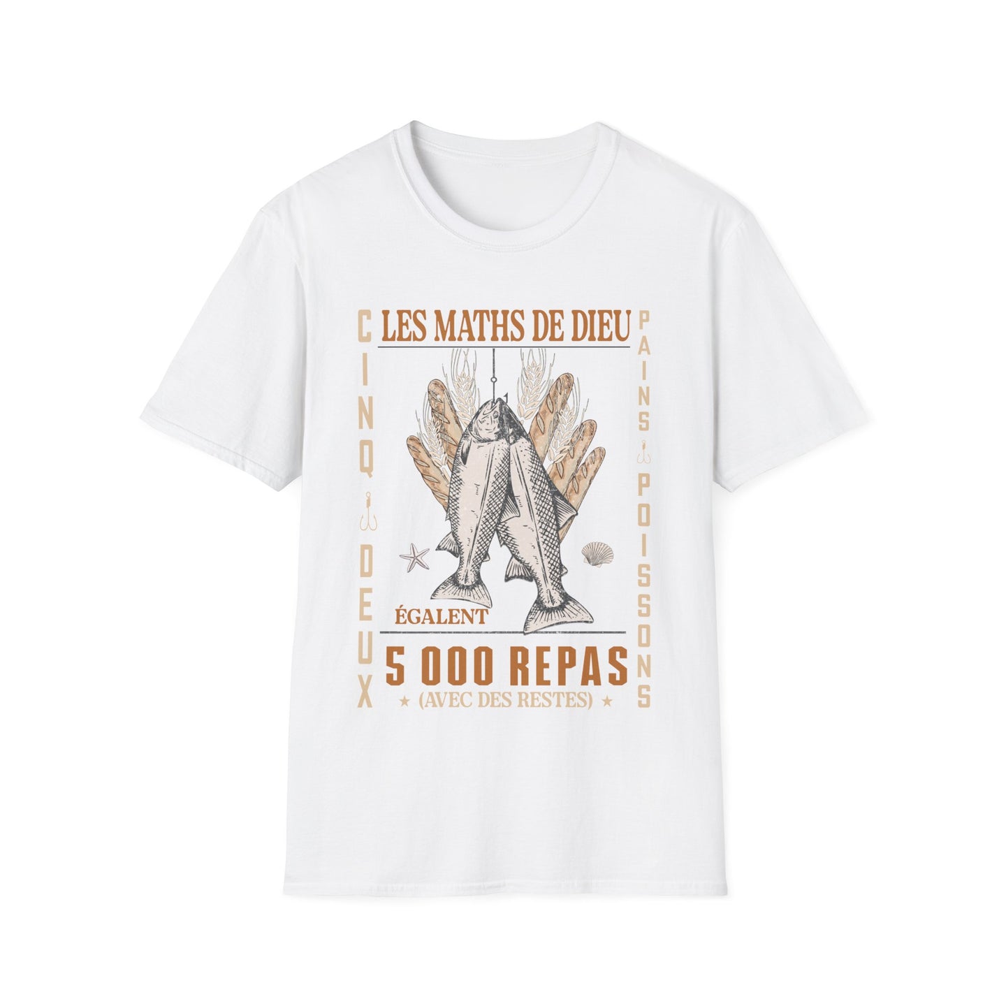 T-shirt blanc pour homme avec une illustration chrétienne sur le thème de la multiplication des pains.