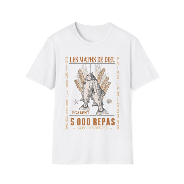T-shirt blanc pour homme avec une illustration chrétienne sur le thème de la multiplication des pains.