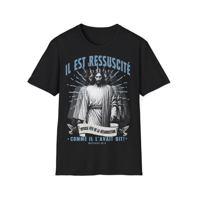 T-shirt noir pour homme avec une illustration de Jésus et le texte Il est ressuscité.