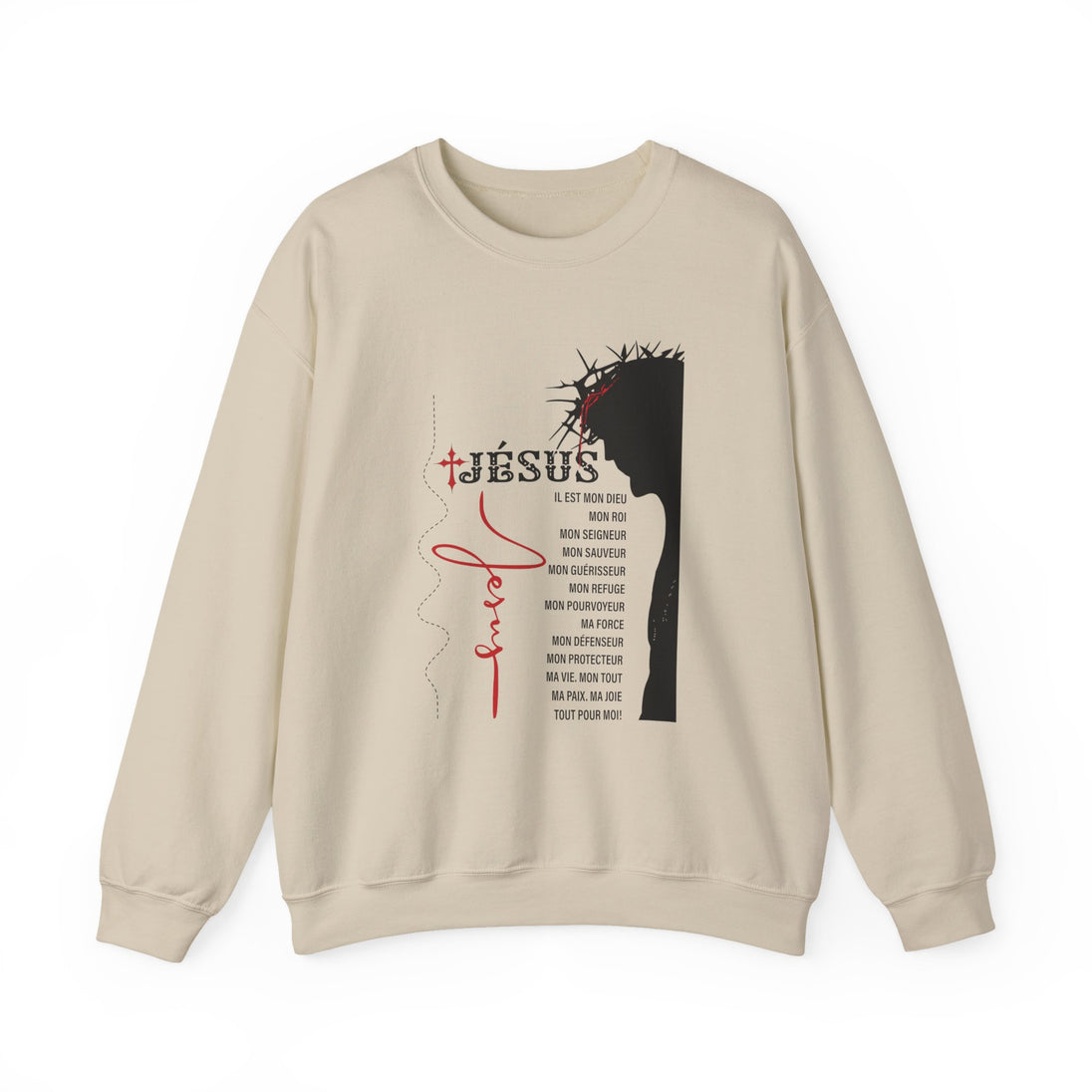 Sweat-shirt beige à col rond avec une illustration du Christ et des inscriptions religieuses.