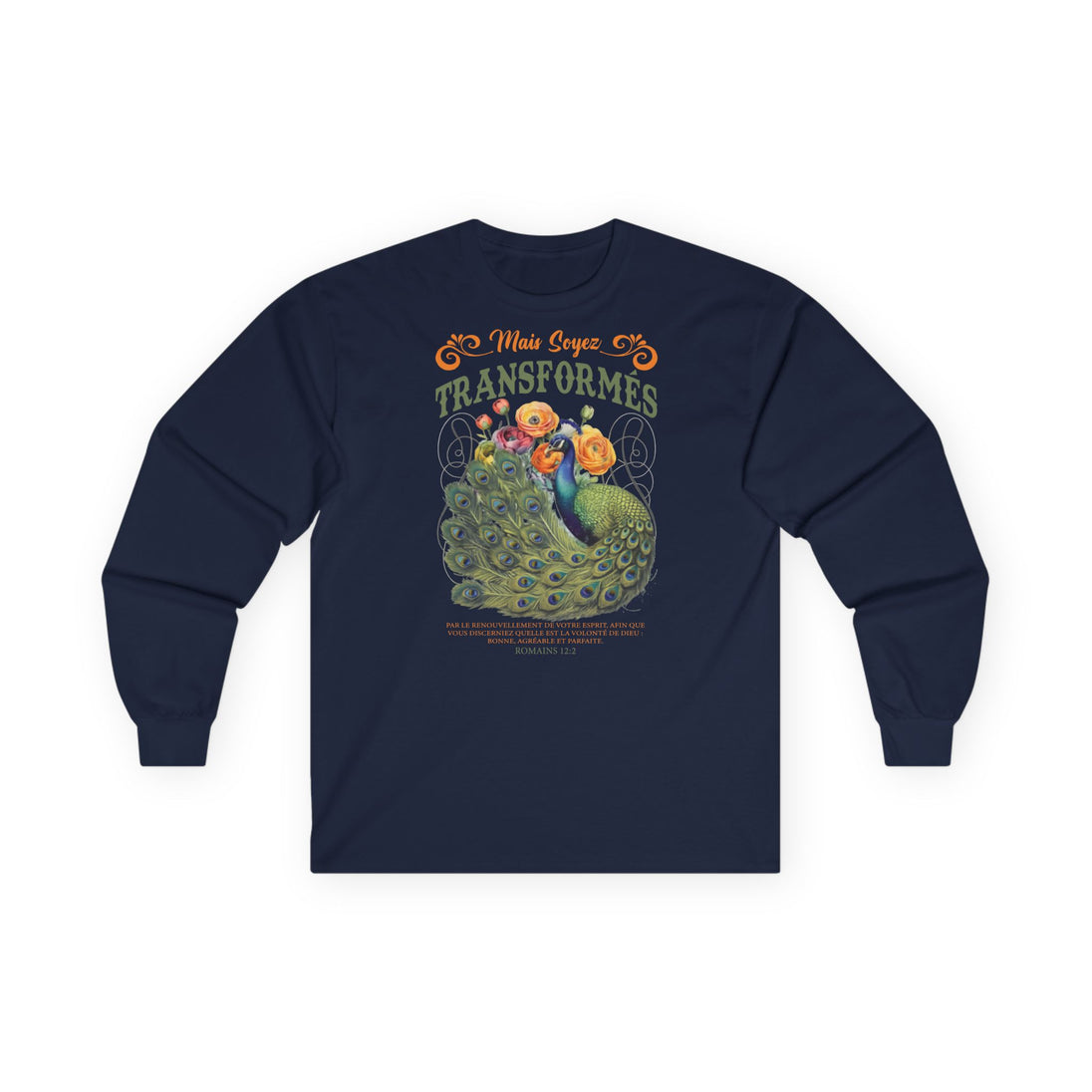 T-shirt bleu marine à manches longues avec un paon, des fleurs et un texte biblique en français.