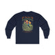 T-shirt bleu marine à manches longues avec un paon, des fleurs et un texte biblique en français.