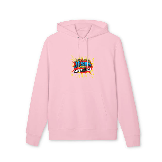Sweat à capuche rose en coton biologique avec le motif Jésus est mon superhéros sur la poitrine.