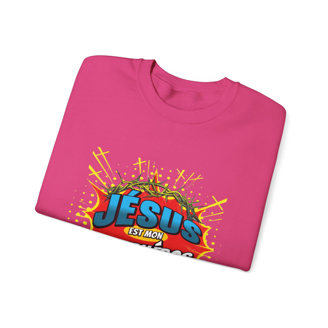 Sweat-shirt rose plié avec une illustration style comics portant l'inscription Jésus est mon héros.