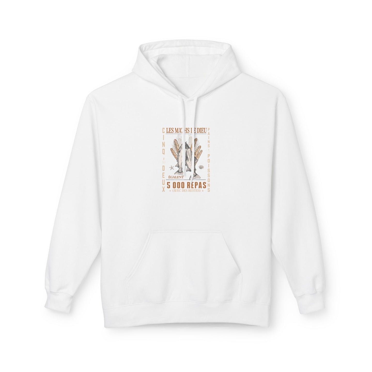 Sweat à capuche blanc pour femme avec une illustration centrale sur le thème des pains et poissons.