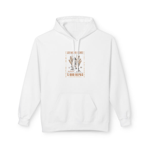 Sweat à capuche blanc pour femme avec une illustration centrale sur le thème des pains et poissons.