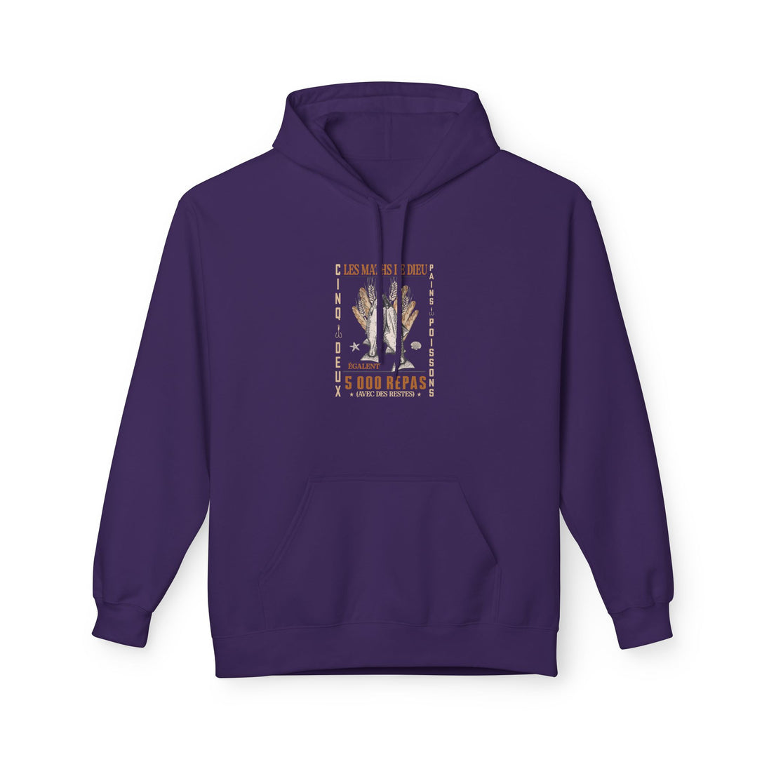 Sweat à capuche violet pour femme avec une illustration centrale sur le thème des pains et poissons.