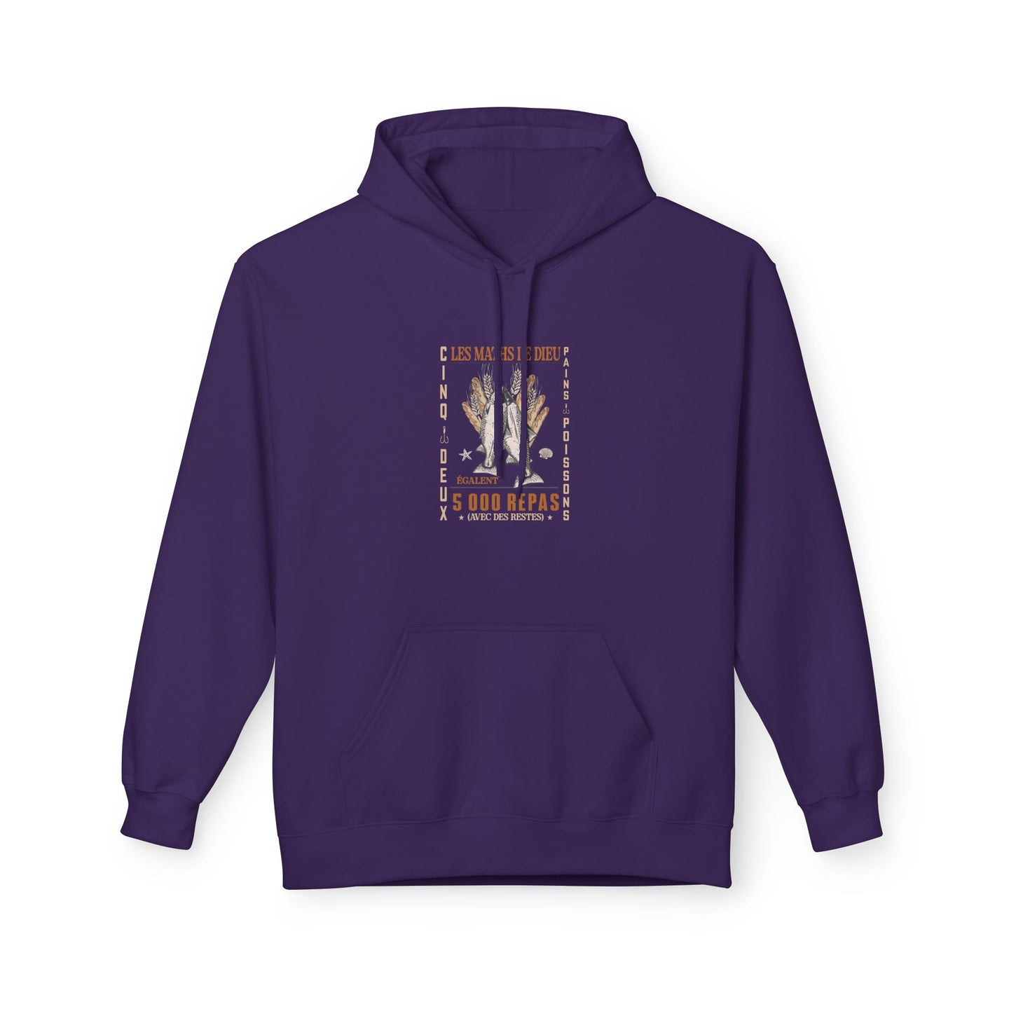 Sweat à capuche violet pour femme avec une illustration centrale sur le thème des pains et poissons.