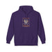 Sweat à capuche violet pour femme avec une illustration centrale sur le thème des pains et poissons.