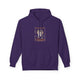 Sweat à capuche violet pour femme avec une illustration centrale sur le thème des pains et poissons.