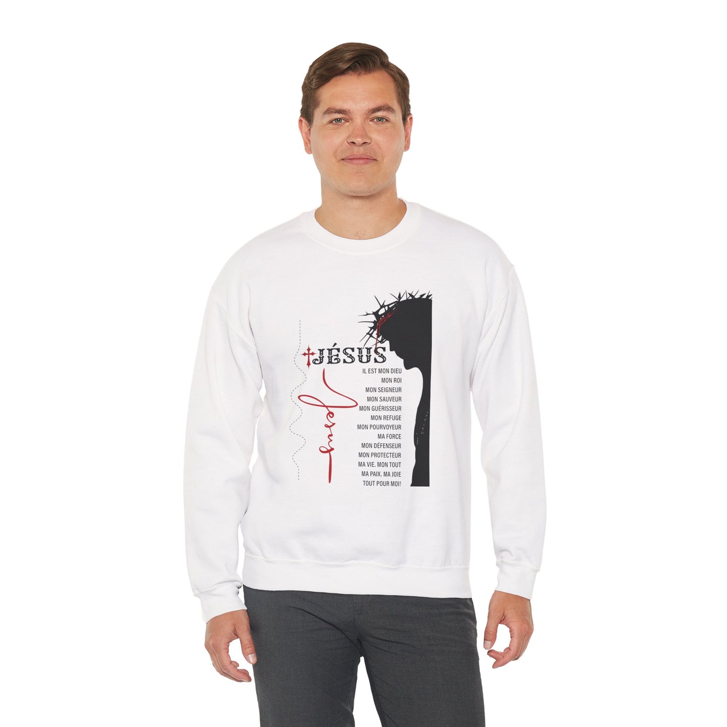 Sweatshirt blanc pour homme avec silhouette de Jésus, couronne d'épines et texte religieux.