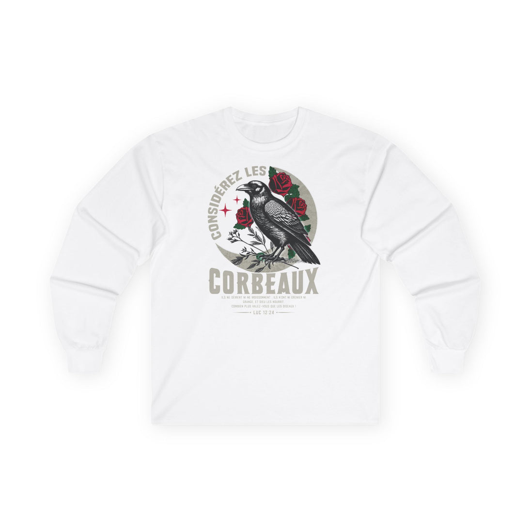 T-shirt blanc à manches longues avec une illustration de corbeau et de roses.