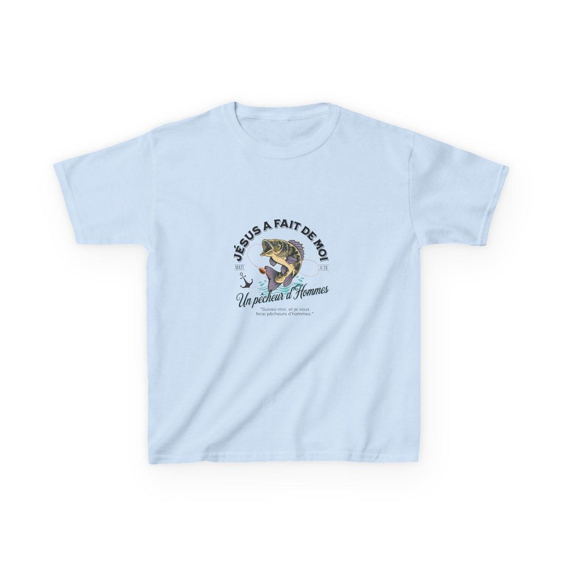 T-shirt bleu clair pour enfant avec une illustration de poisson et le texte Jésus a fait de moi un pêcheur d'hommes.