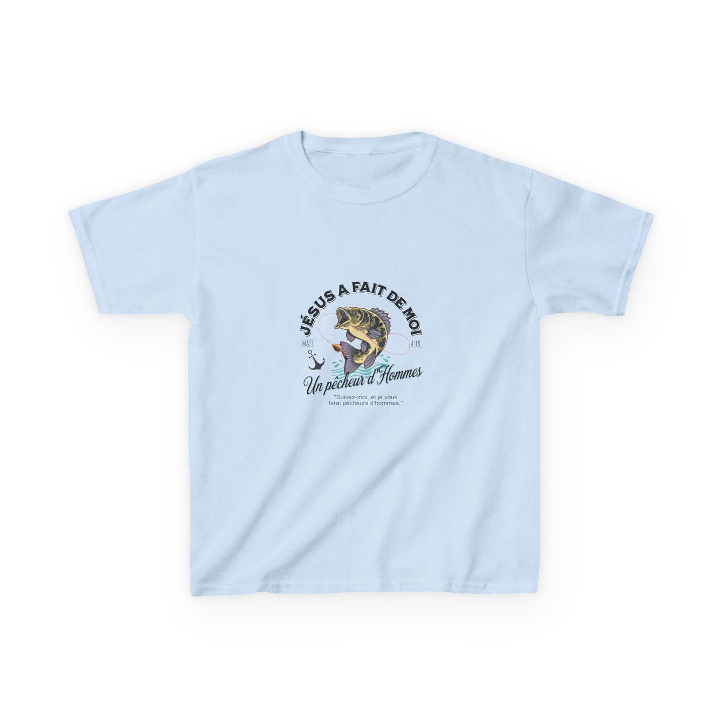 T-shirt bleu clair pour enfant avec une illustration de poisson et le texte Jésus a fait de moi un pêcheur d'hommes.