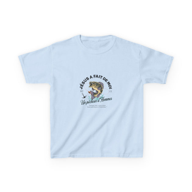 T-shirt bleu clair pour enfant avec une illustration de poisson et le texte Jésus a fait de moi un pêcheur d'hommes.