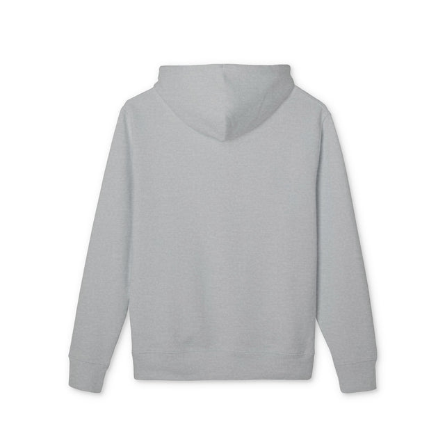 Vue arrière d'un sweat à capuche gris uni en coton biologique.