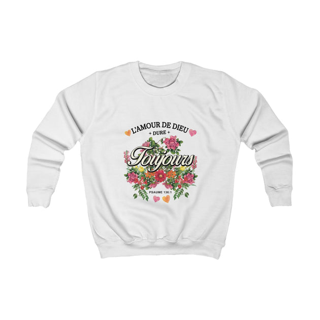 Sweatshirt blanc pour enfant orné d'un motif floral et de l'inscription L'amour de Dieu dure toujours.