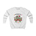 Sweatshirt blanc pour enfant orné d'un motif floral et de l'inscription L'amour de Dieu dure toujours.