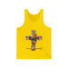 Débardeur jaune pour femme orné d'une croix fleurie avec une colombe et l'inscription Tout est accompli.