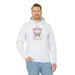 Sweat à capuche blanc avec motif papillon vintage et texte biblique en français.